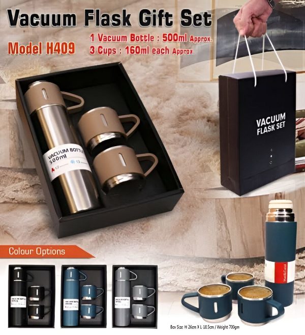 Stainless Steel Vacuum Flask Set (Vacuum Flask 500ml Bottle With 3 Cups)