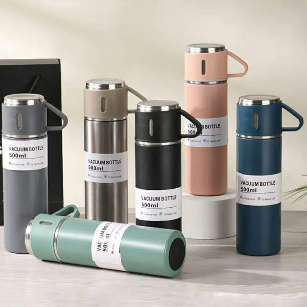 Stainless Steel Vacuum Flask Set (Vacuum Flask 500ml Bottle With 3 Cups)
